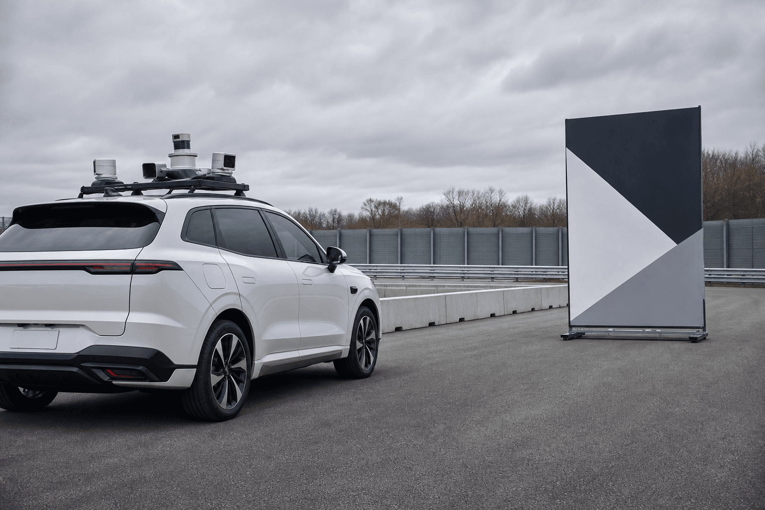 An unbranded autonomous test vehicle facing an abstract geometric poster on a closed proving ground