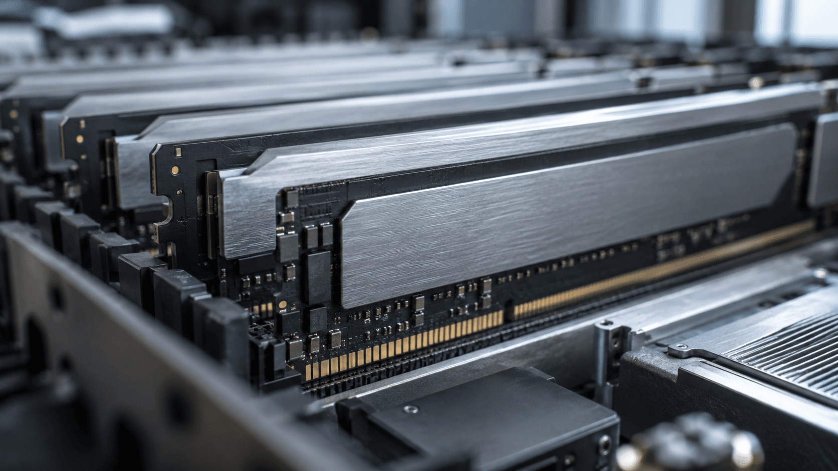 Conceptual macro photograph of unbranded computer memory modules, not actual OpenAI hardware or a specific data center.