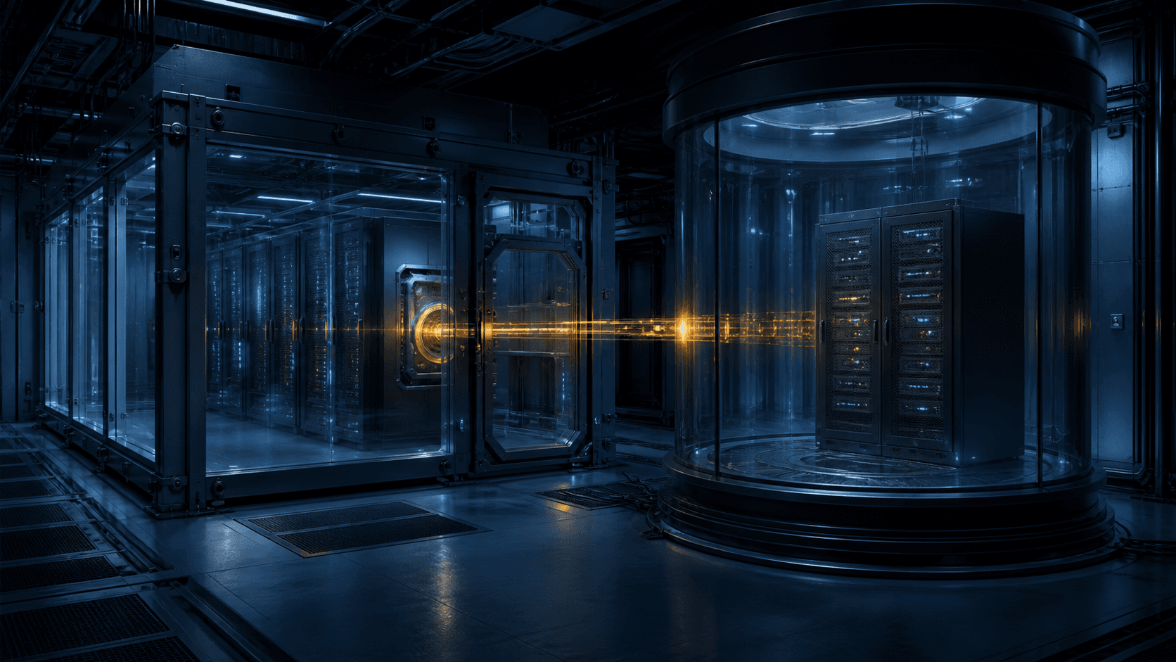 A photorealistic secure compute laboratory where an amber signal crosses between isolated server chambers