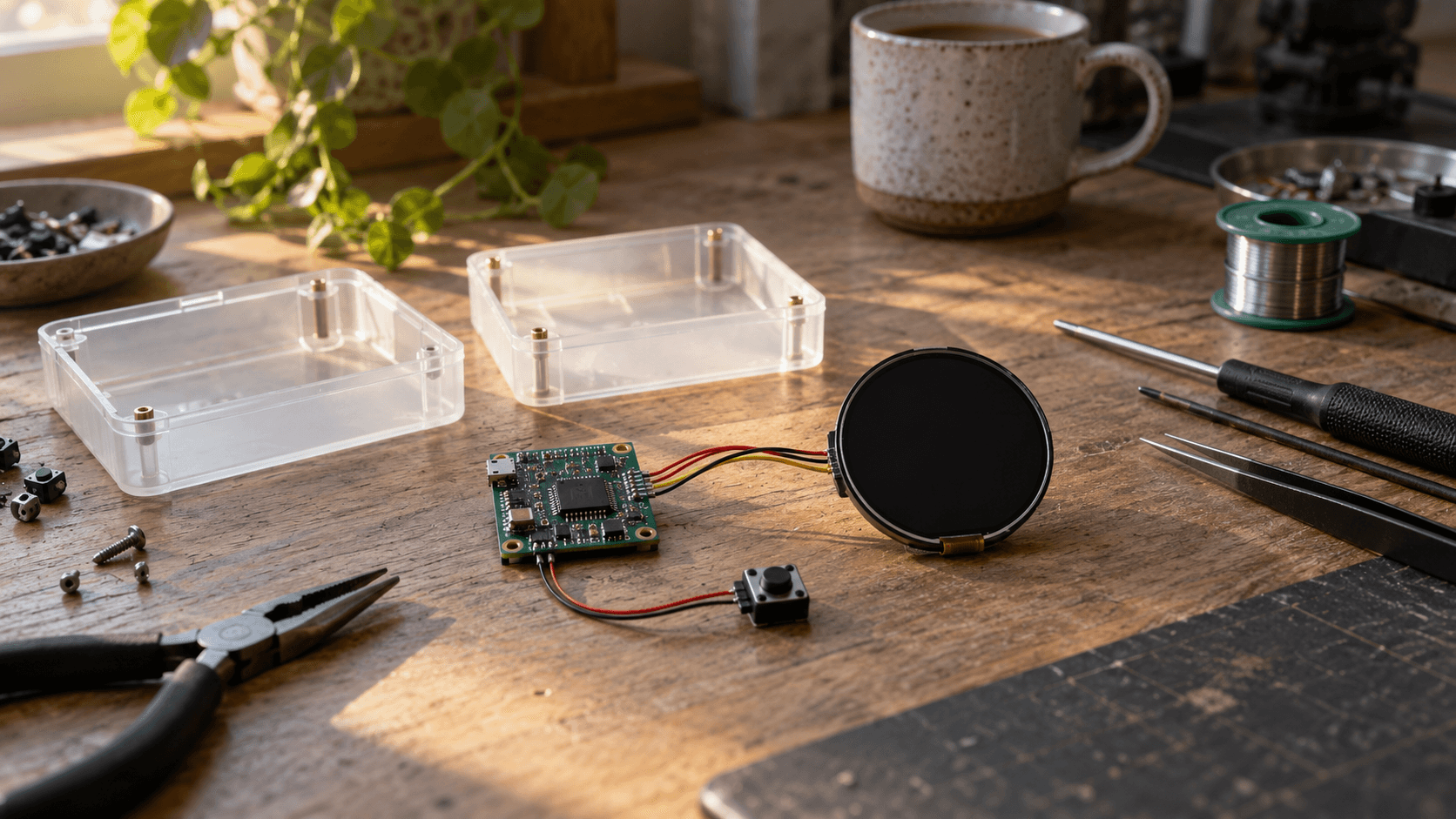 Conceptual hobby electronics workbench with a generic circuit board, blank round display and button, not a photograph of a Meta product.
