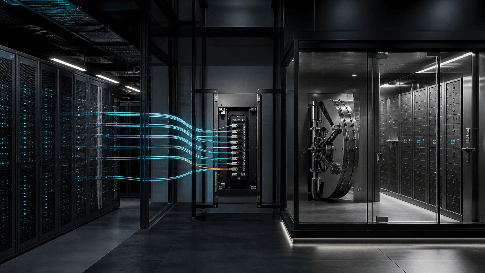 A separate physical policy gateway filtering data channels between compute racks and a protected vault