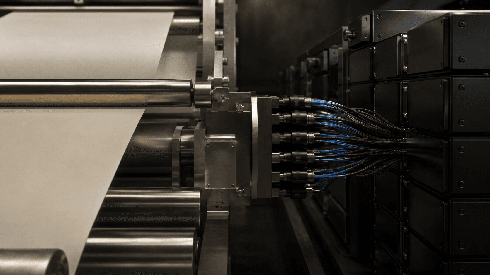 Conceptual editorial photograph of blank newsprint machinery meeting an unbranded wall of computing modules through a shared industrial junction, not a real company or lawsuit