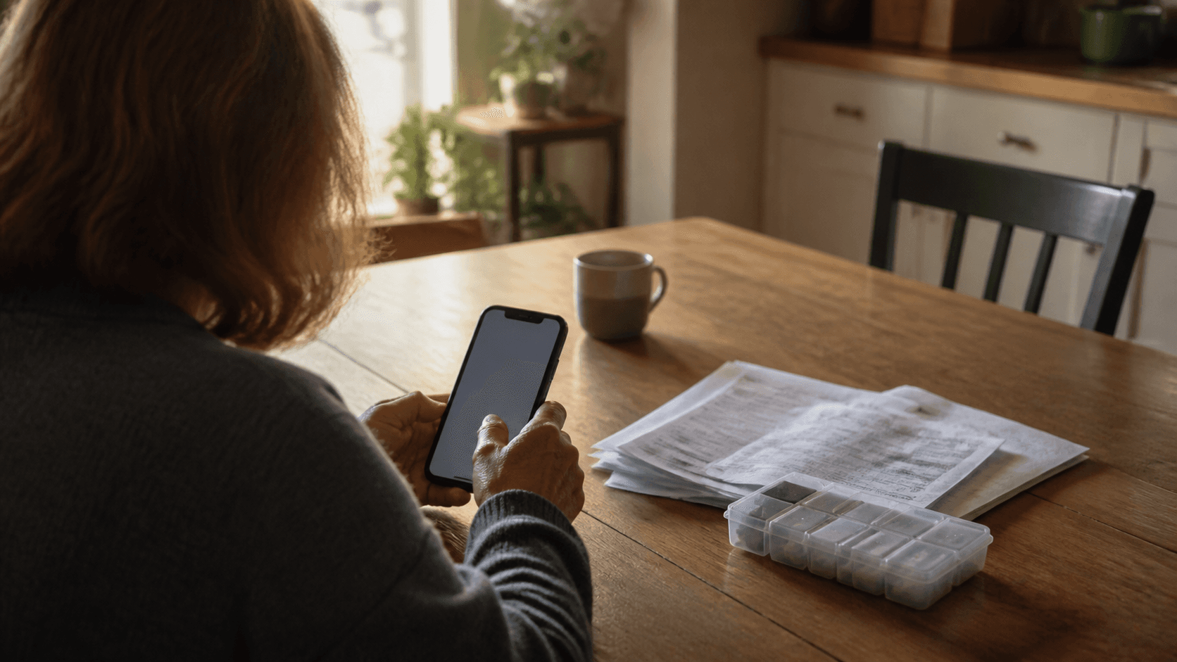A person at a kitchen table using an unbranded phone beside unreadable laboratory paperwork