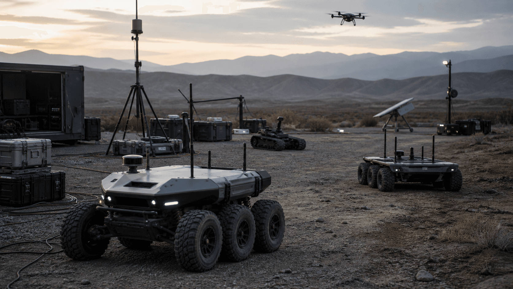 A photorealistic unbranded field laboratory coordinating several modular ground and aerial robotic systems at dawn