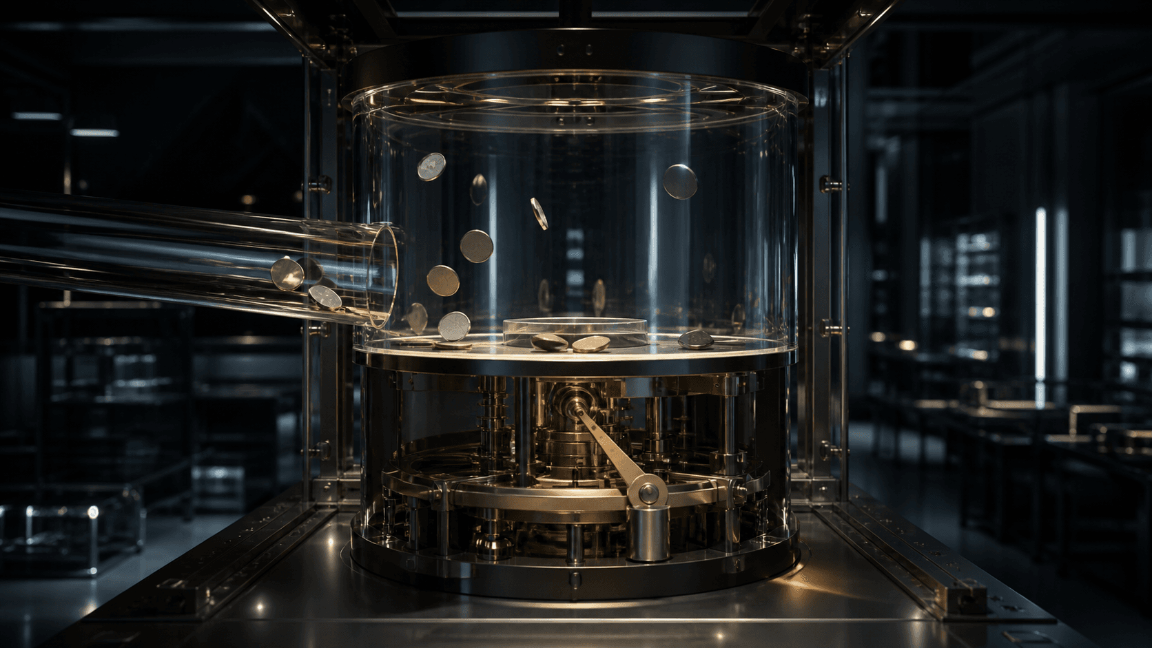 An unbranded transparent auction machine with a concealed price-setting lever beneath the chamber