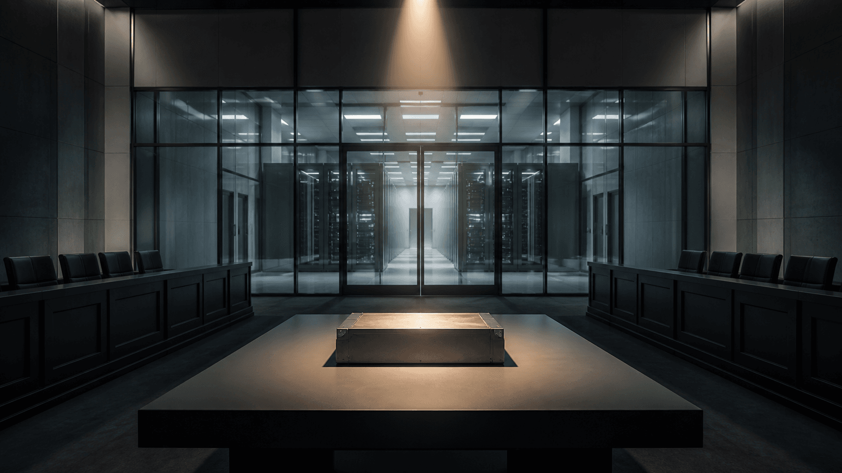 A conceptual photorealistic courtroom facing a secured anonymous computer facility through glass