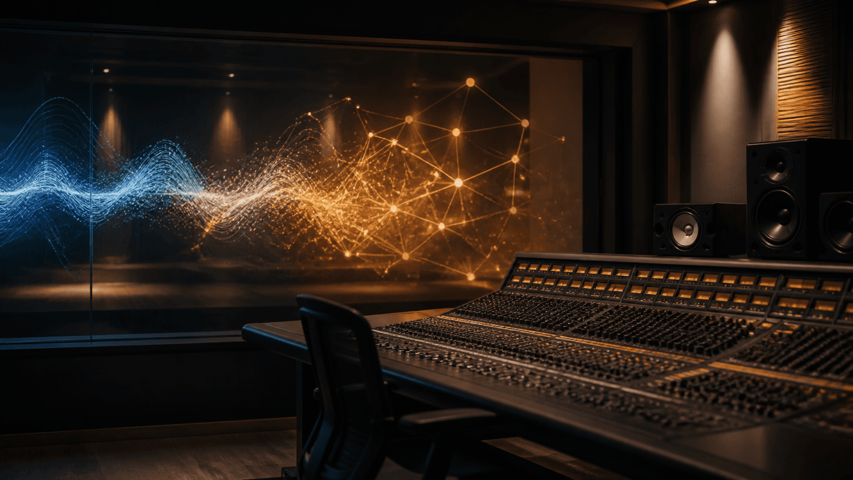 A conceptual recording studio where sound waves transform into a neural network structure