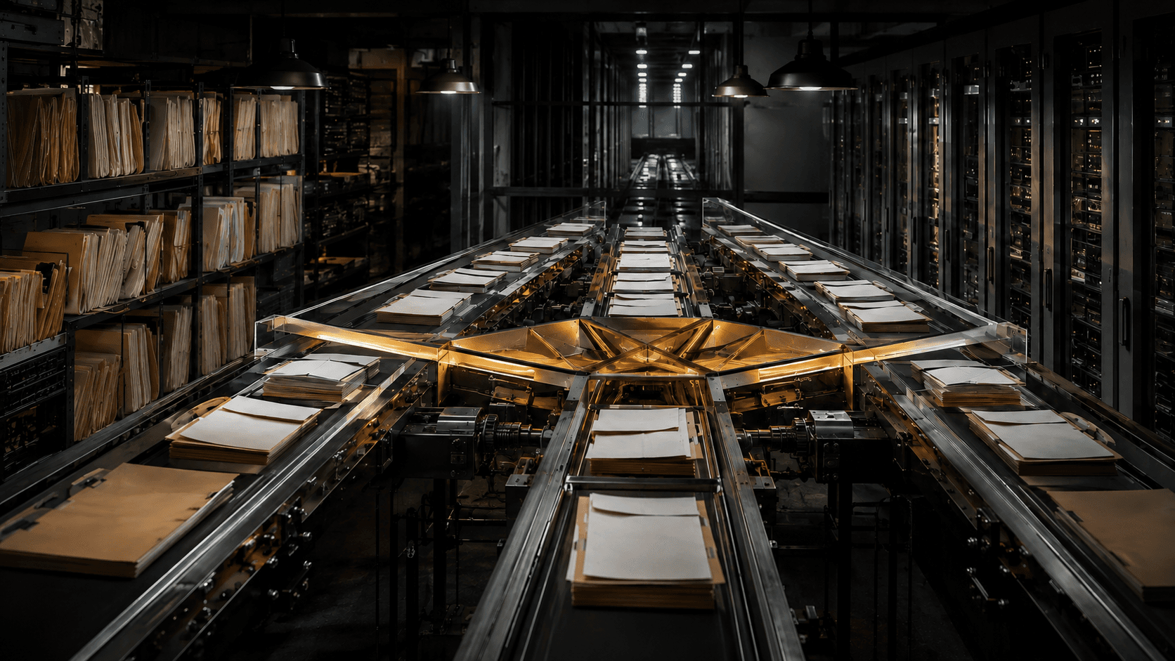 Conceptual editorial photograph of blank publishing records moving through an unbranded mechanical sorting system beside server racks, not a real settlement facility