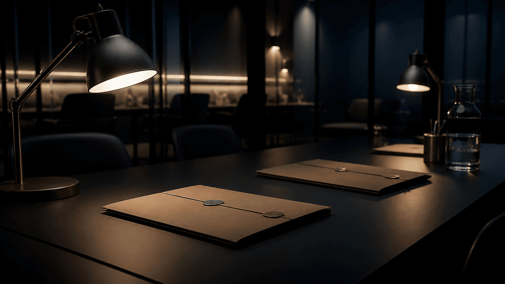 A photorealistic research review room with two anonymous proposal folders under controlled laboratory light