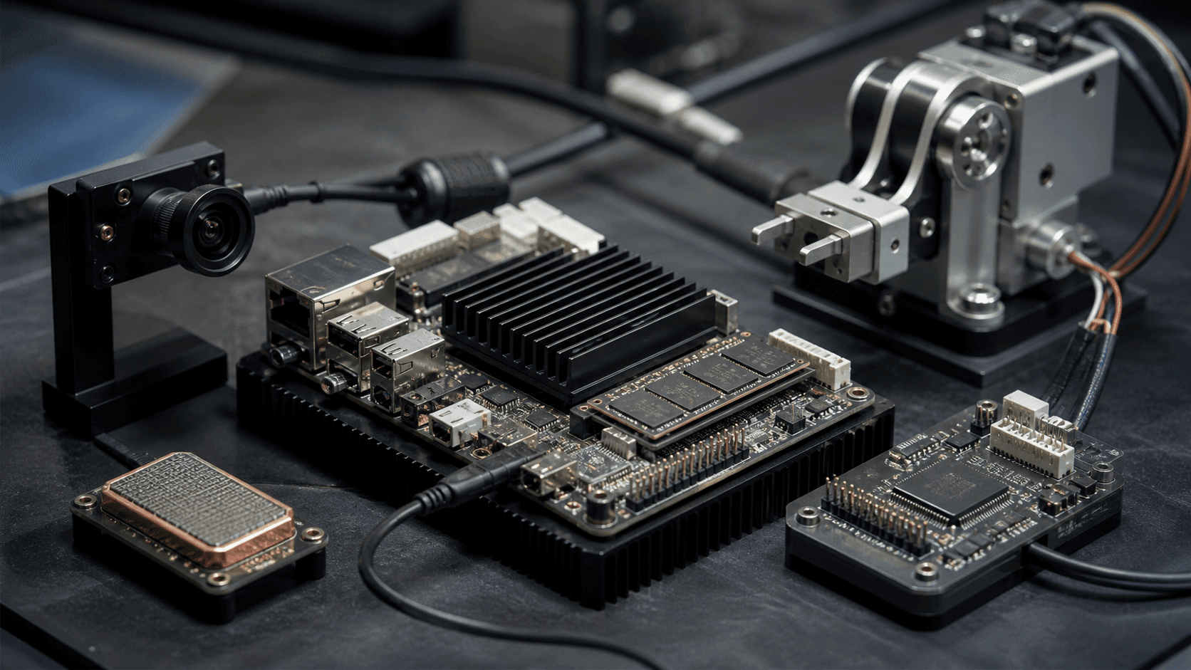 A conceptual unbranded edge AI development board connected to sensors, a camera, and a precise robotic actuator