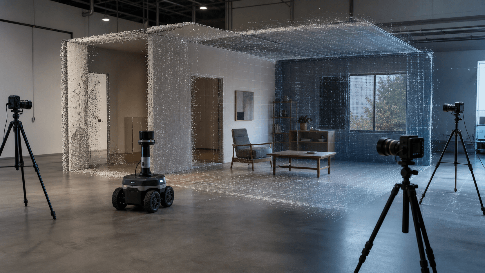 A photorealistic robotics studio where cameras and a mobile robot reconstruct a furnished room as a precise three-dimensional point field