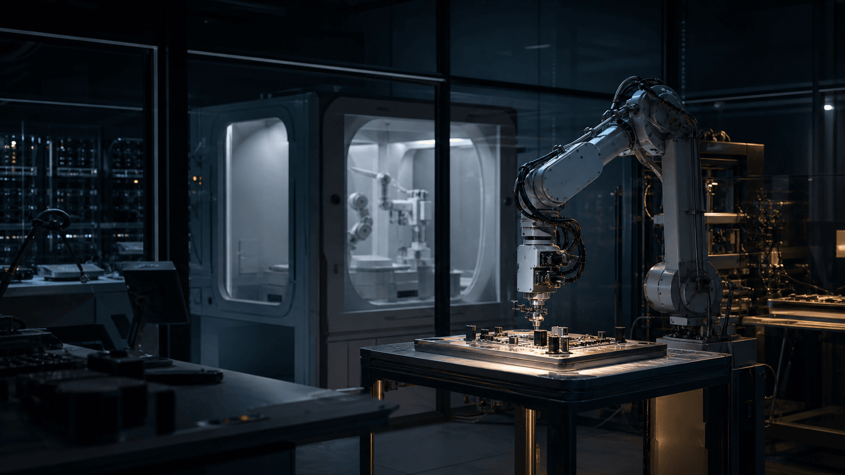 A photorealistic secure research laboratory where robotic instruments inspect computing hardware
