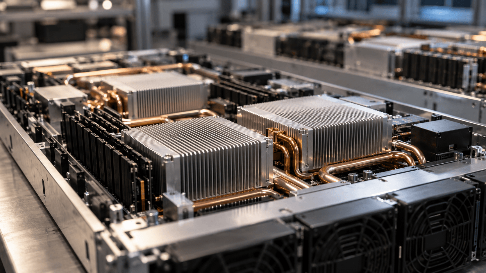 Conceptual photograph of unbranded server heat sinks, memory modules and copper cooling pipes, not Reflection hardware or a documented facility.