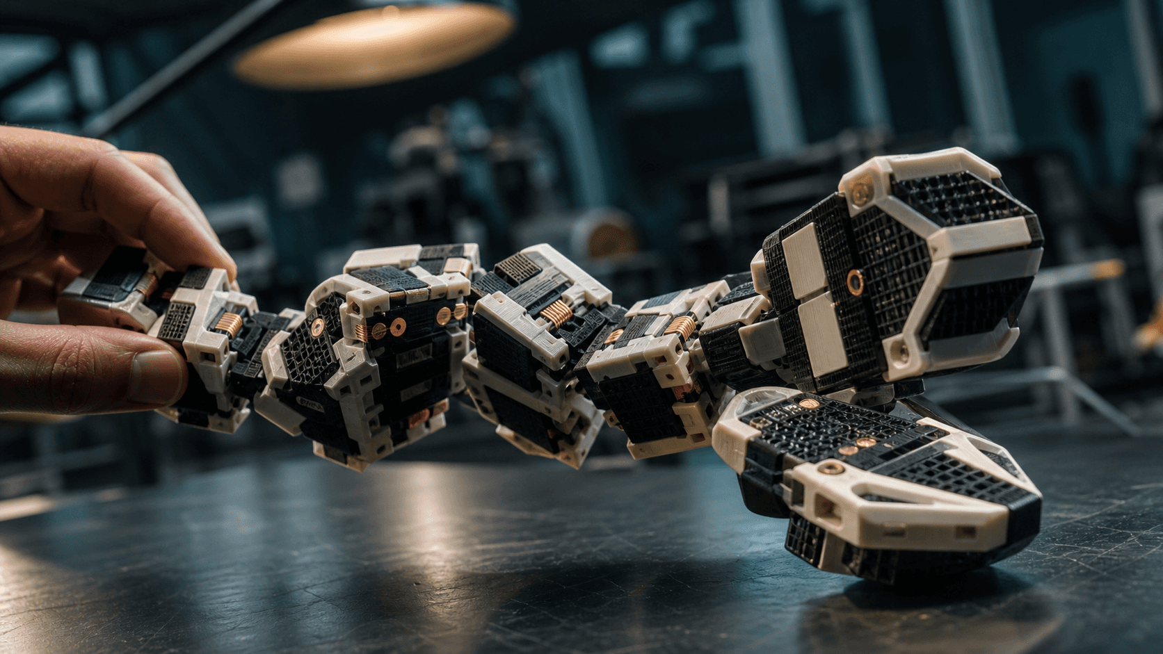 A photorealistic modular robotic structure bending through several configurations on a clean engineering bench