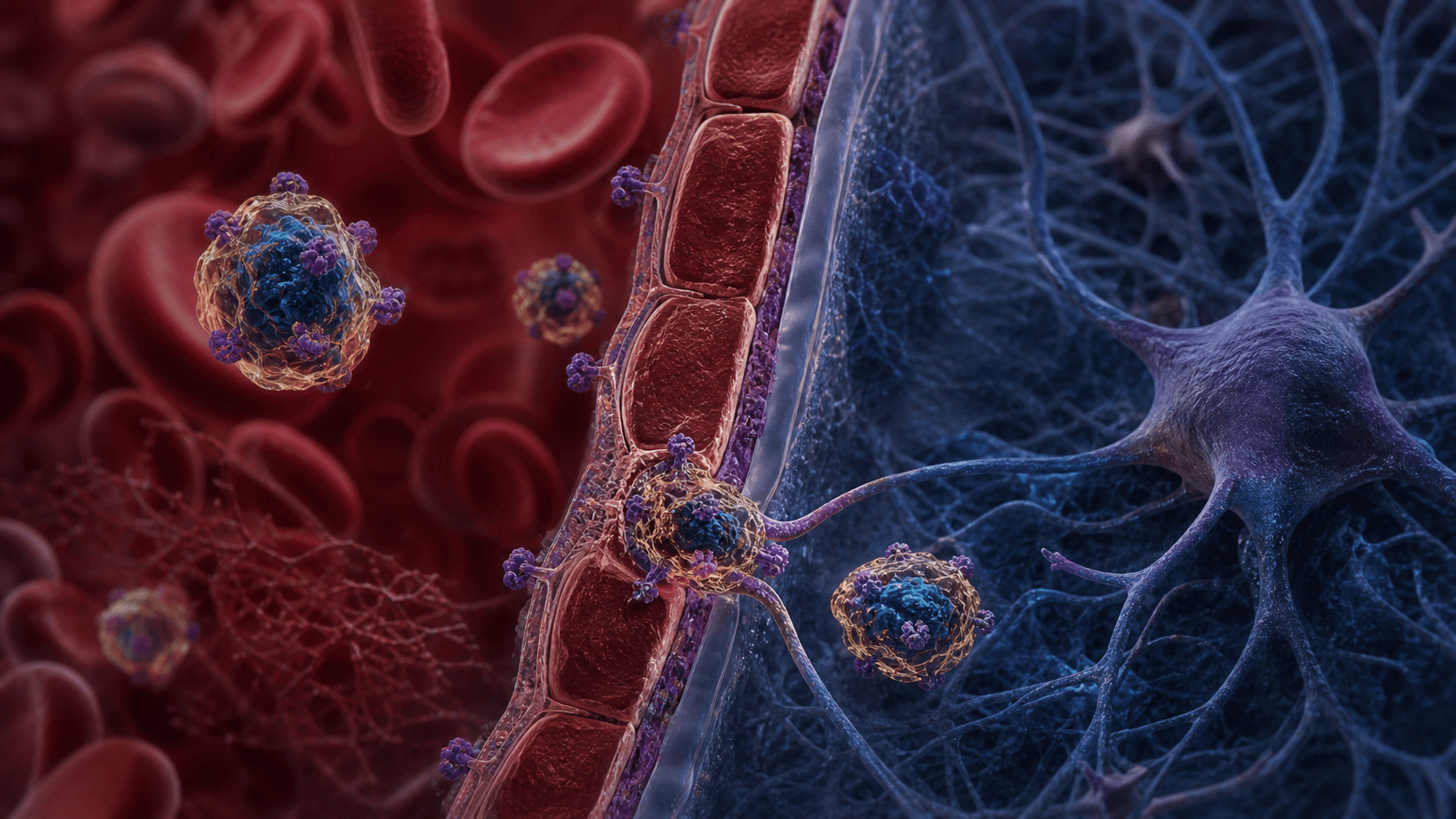 A conceptual molecular carrier crossing a cerebral capillary wall toward neural tissue
