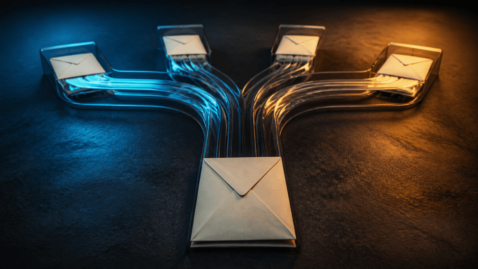 A conceptual sealed envelope branching through glass channels into several anonymous forwarding envelopes