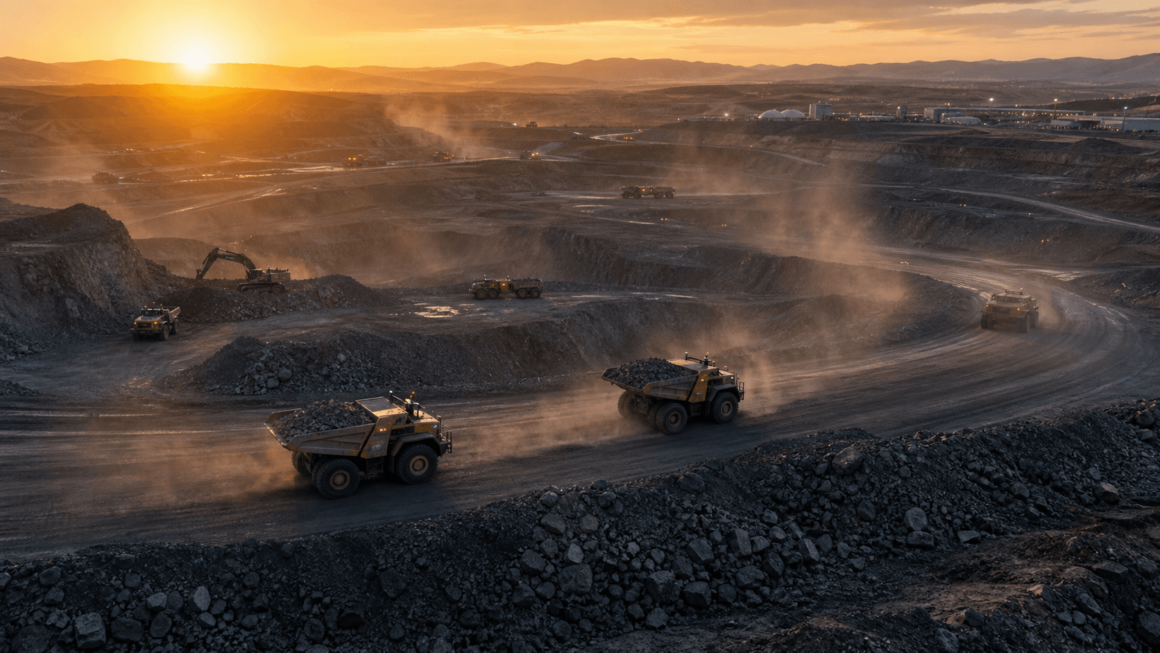 A coordinated fleet of unbranded autonomous haul machines operating across a large open-pit mine