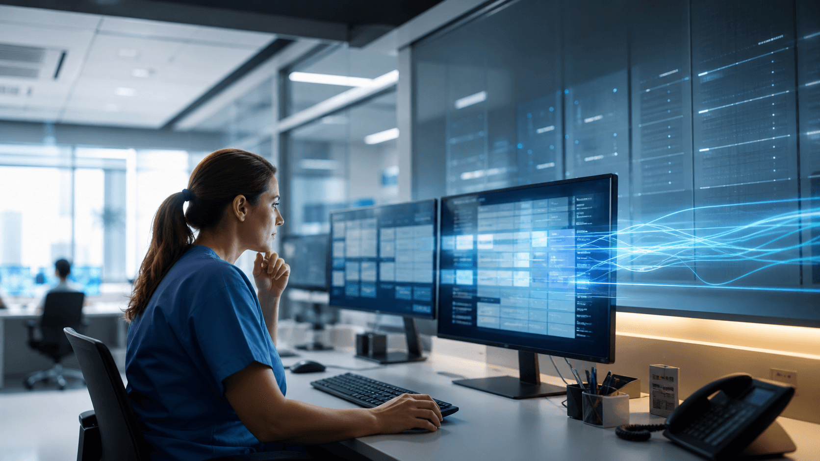 A clinician reviewing abstract patient information inside a secure hospital operations room