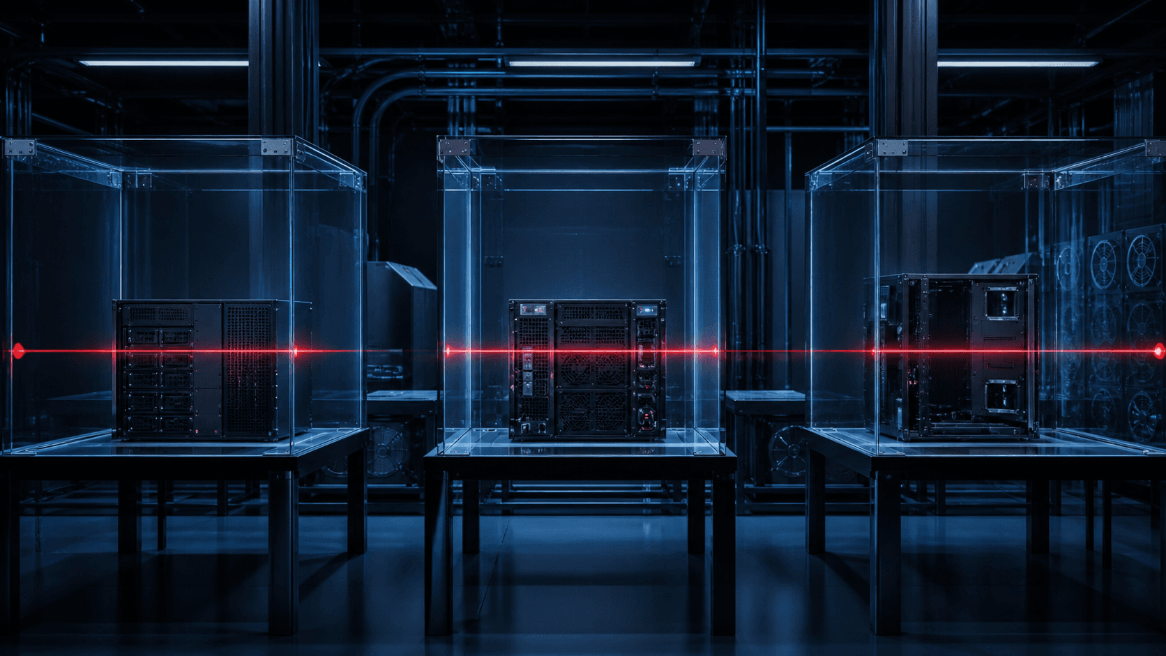 Three unbranded server modules isolated in transparent forensic enclosures