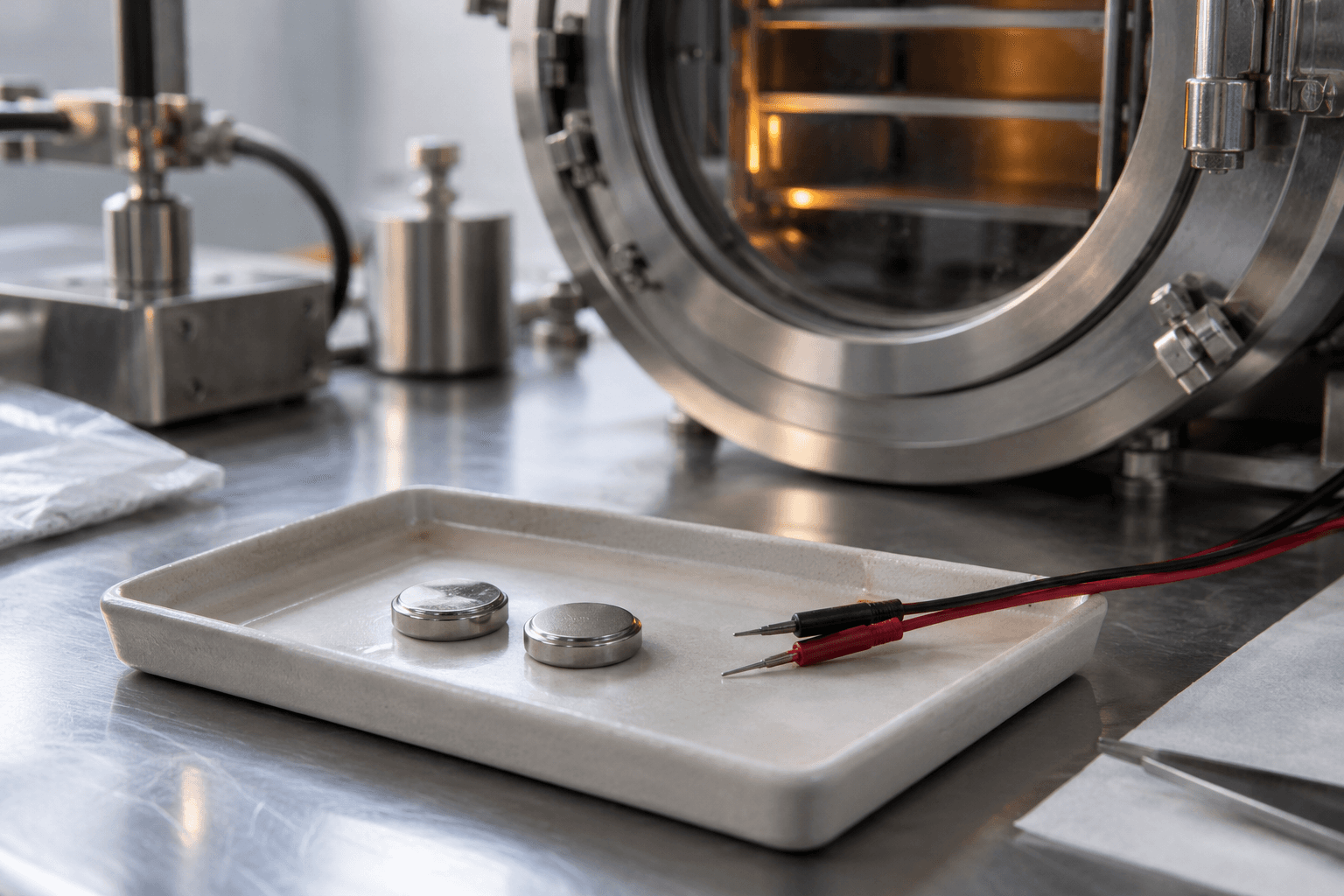 Conceptual photograph of unmarked coin cells on a ceramic tray beside test probes and a generic laboratory chamber. A fictional illustration, not NASA hardware or an actual SPEARS test.