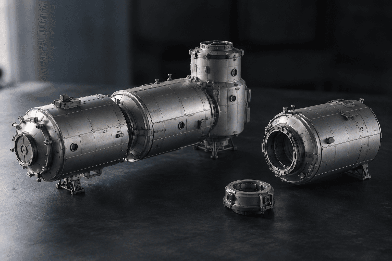 Conceptual studio photograph of unbranded tabletop habitat models and a separate docking collar, not actual spacecraft or a NASA facility.