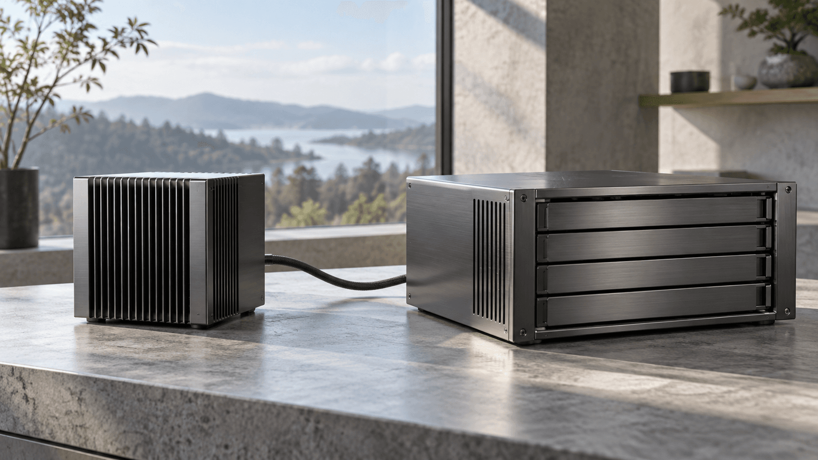 Conceptual photograph of separate generic compute and storage enclosures connected by a cable, not actual MongoDB infrastructure.