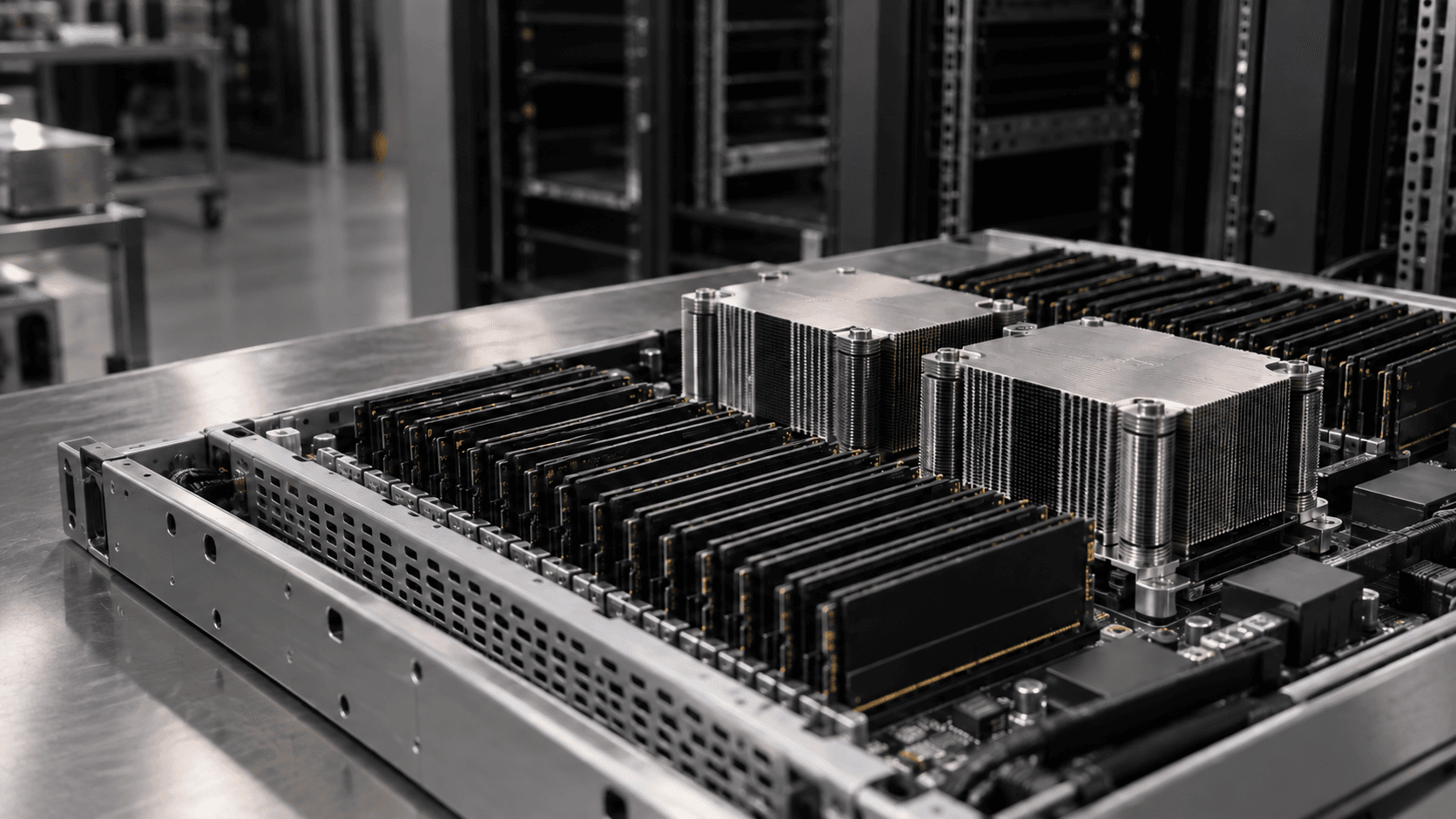 Conceptual photograph of an unbranded server tray with memory modules and processor heatsinks, not an actual Akamai or Anthropic installation.