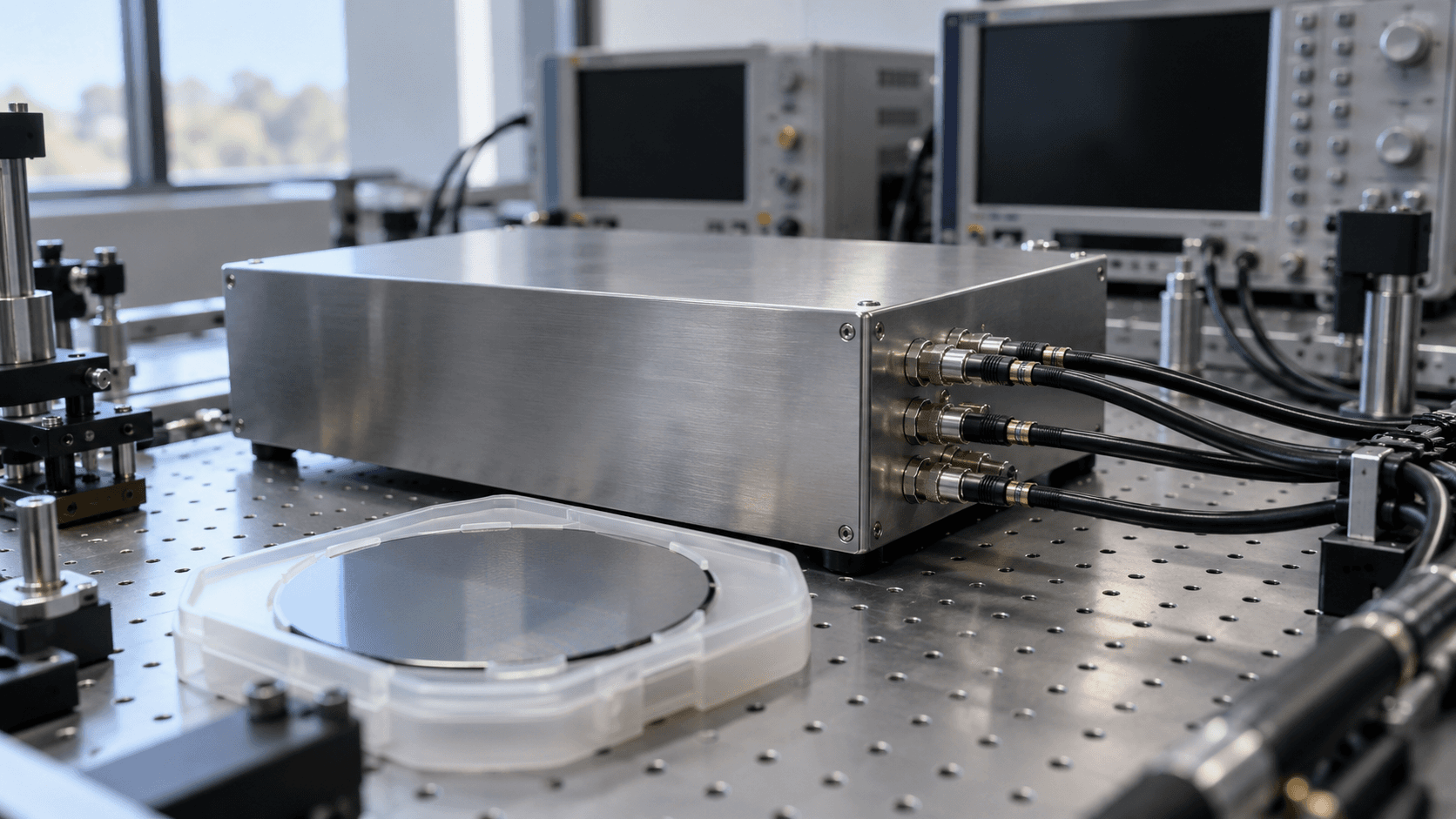 Conceptual laboratory still life of generic test equipment and a silicon wafer, not an actual DARPA facility or company quantum system.