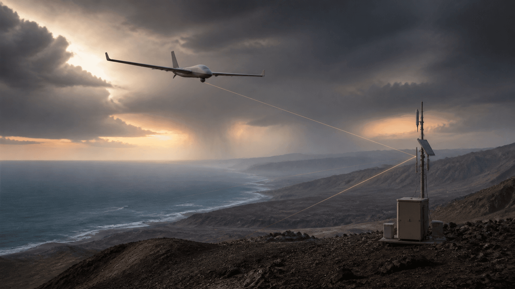 A photorealistic autonomous surveillance aircraft relaying abstract sensor data across a rugged remote landscape