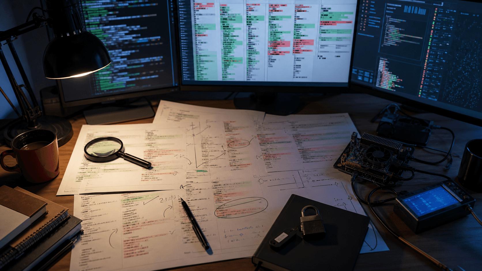 An unbranded developer review desk with code diffs, test hardware, and a security key