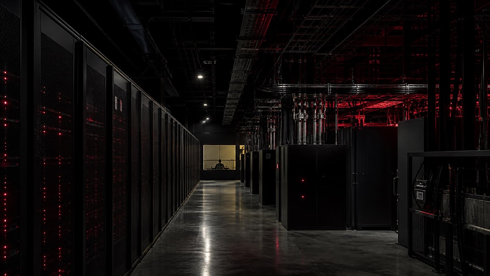 A photorealistic dark data center control room with dense compute racks and red status lighting