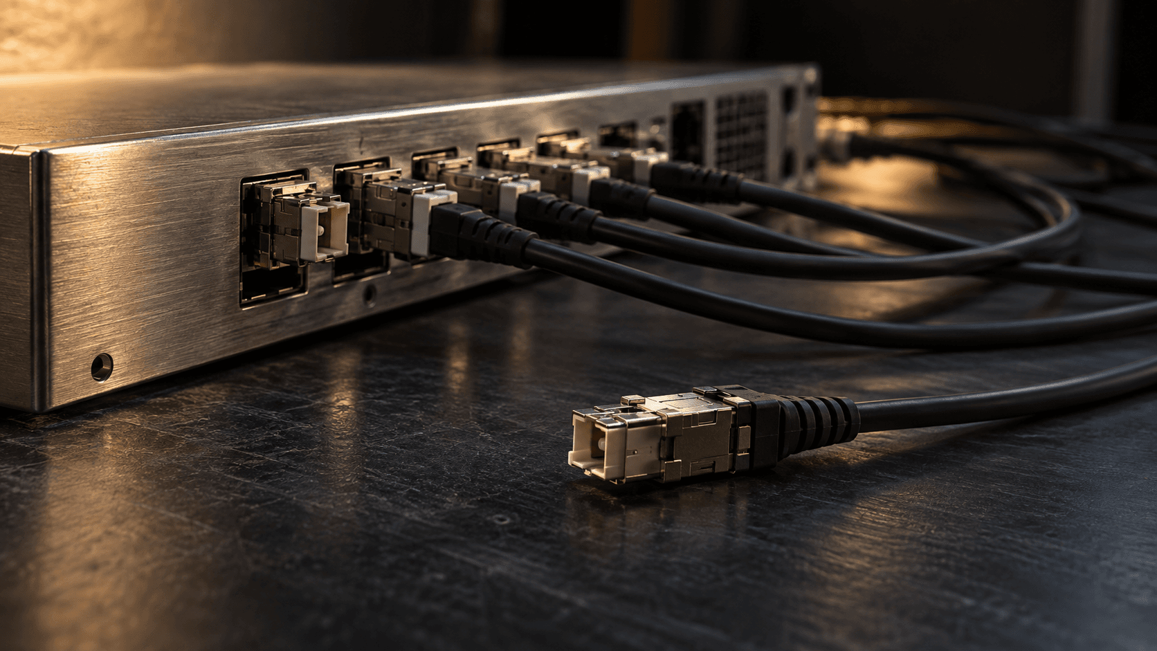 Conceptual editorial photograph of an unbranded network panel and disconnected cable, not a real intrusion or affected facility.