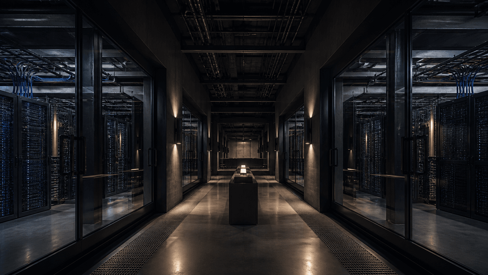 A photorealistic secure compute chamber with sealed server racks and controlled observation windows