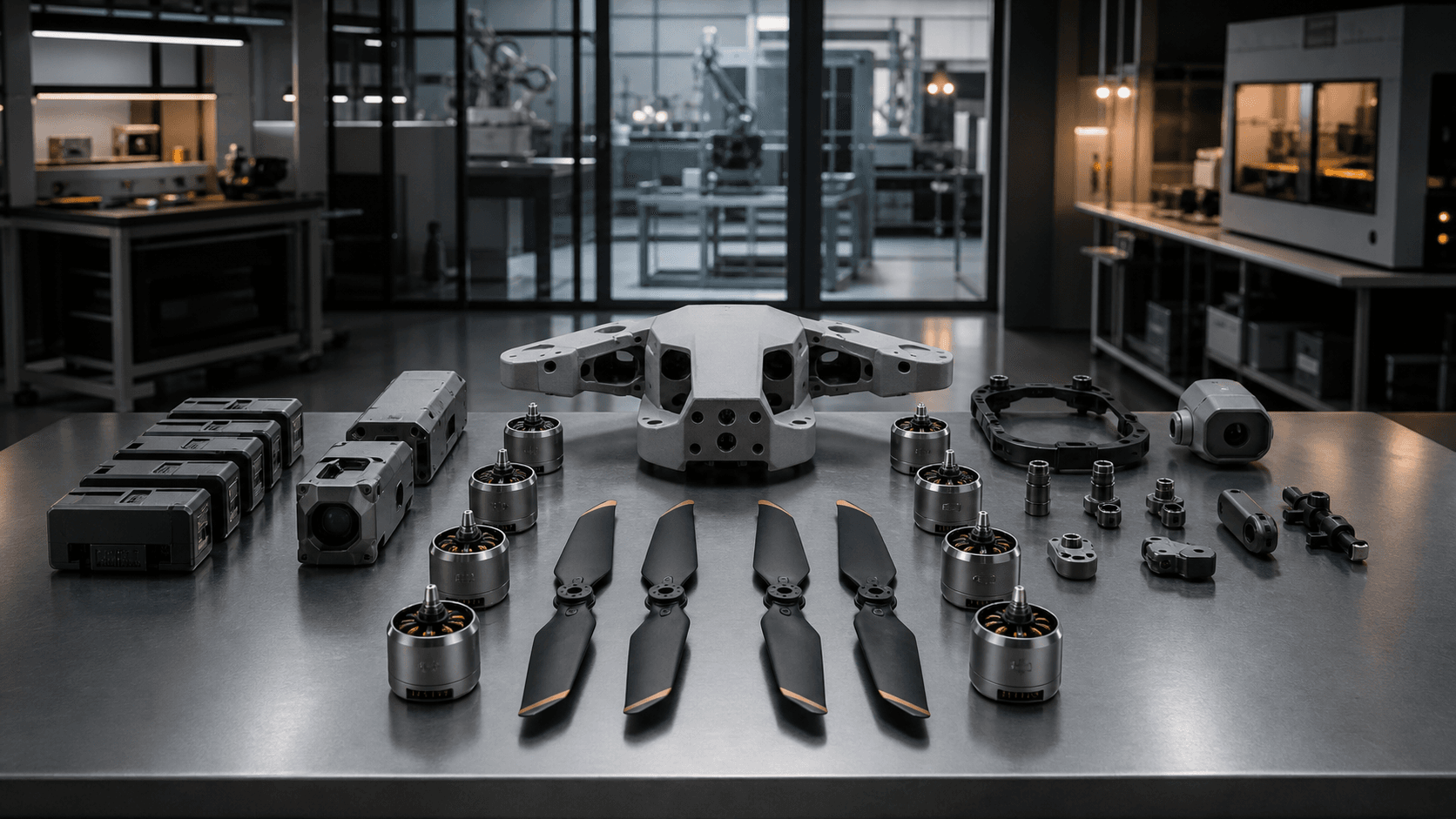 An unbranded industrial drone disassembled into precision components on an inspection bench