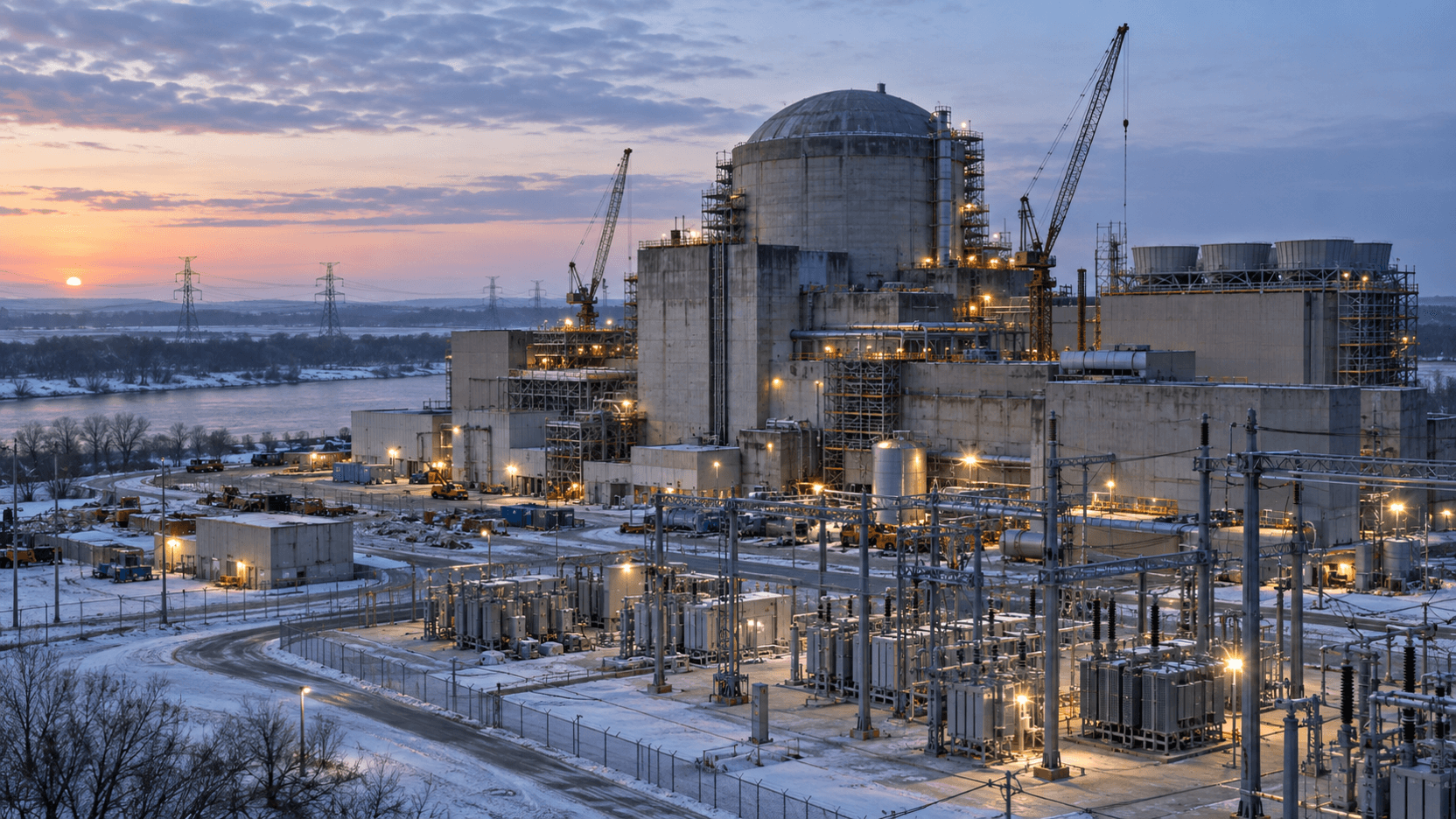 Conceptual editorial photograph of an unbranded nuclear power station undergoing restoration at sunrise, not the actual Duane Arnold facility