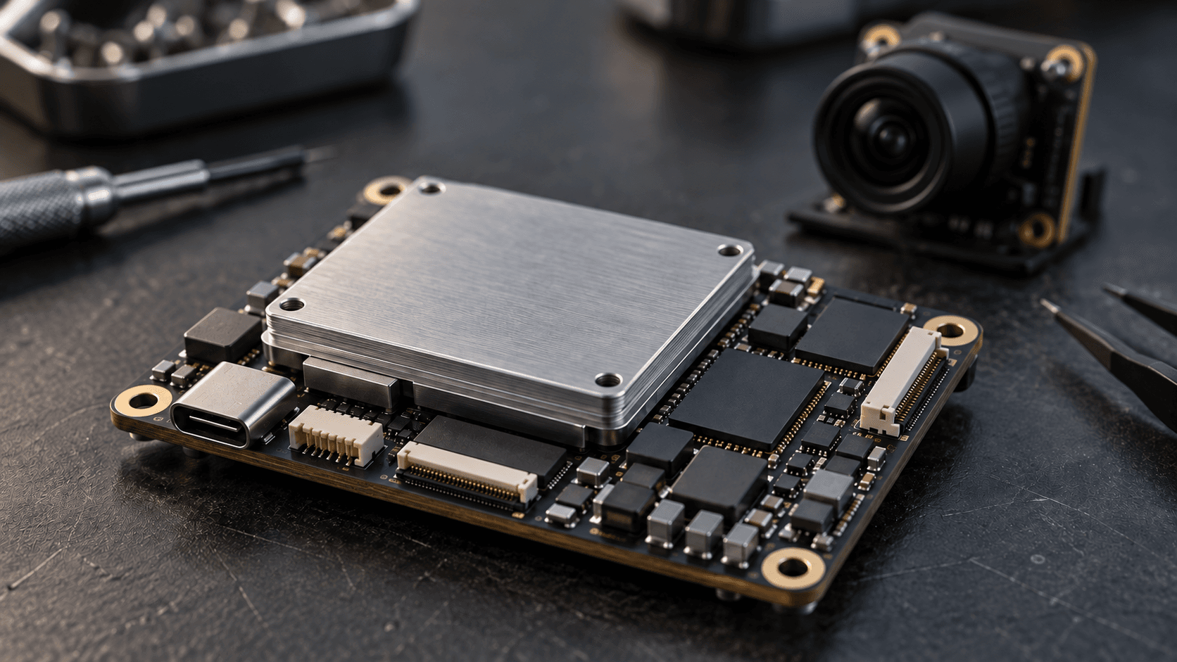 Conceptual photograph of an unbranded embedded computing module and camera on a workbench, not an actual SiMa.ai product or company facility.