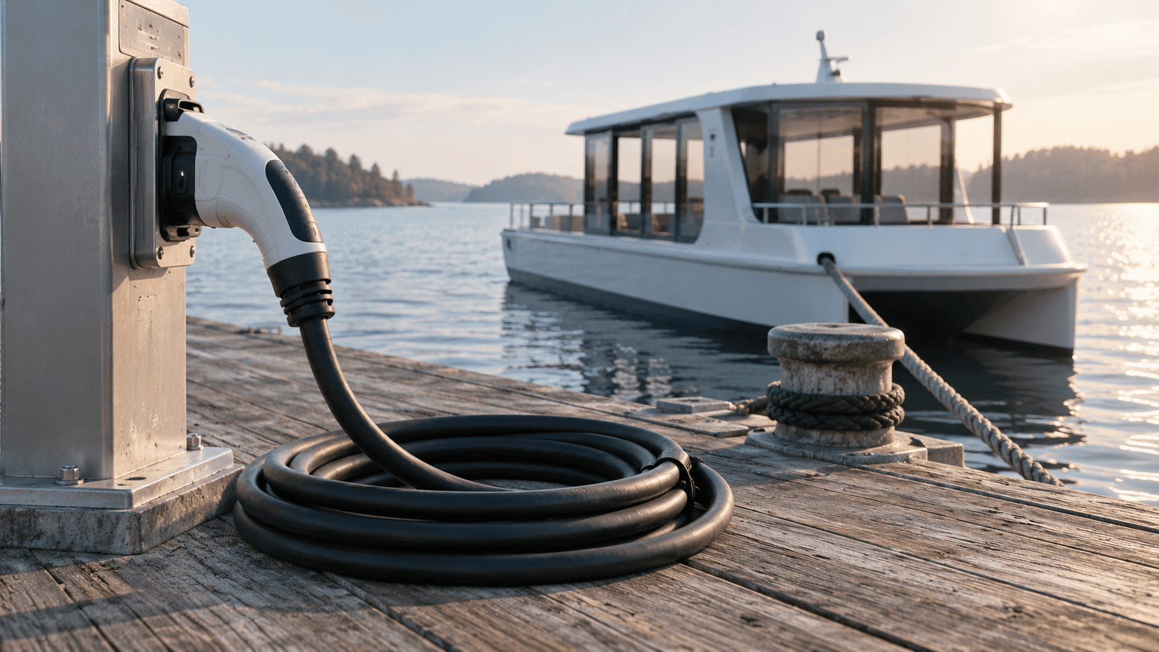 Conceptual waterfront charging equipment and an unbranded passenger boat, not an actual Vessev vessel or demonstration.