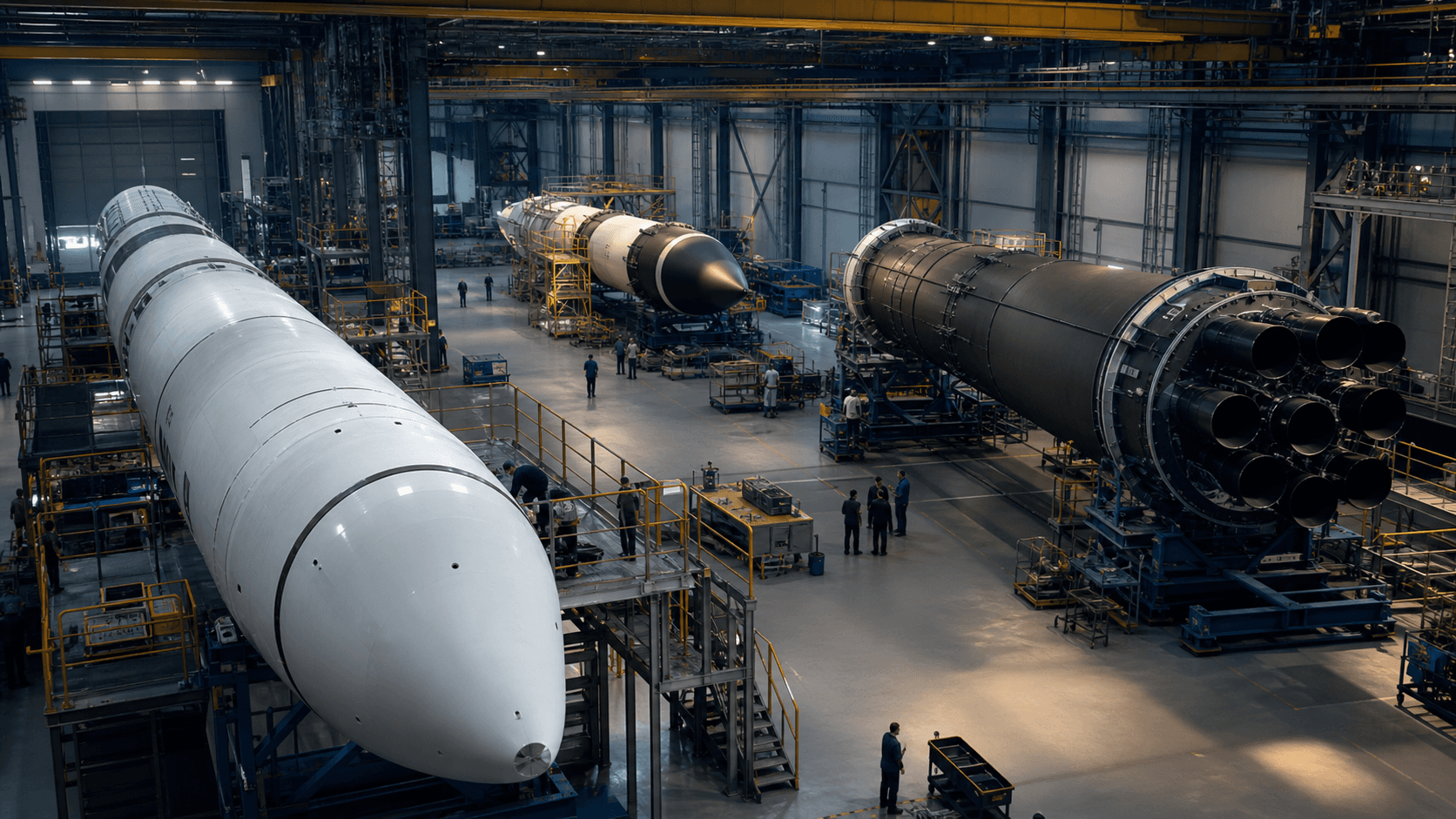 A photorealistic industrial rocket manufacturing hall with three distinct unbranded small launch vehicles under assembly