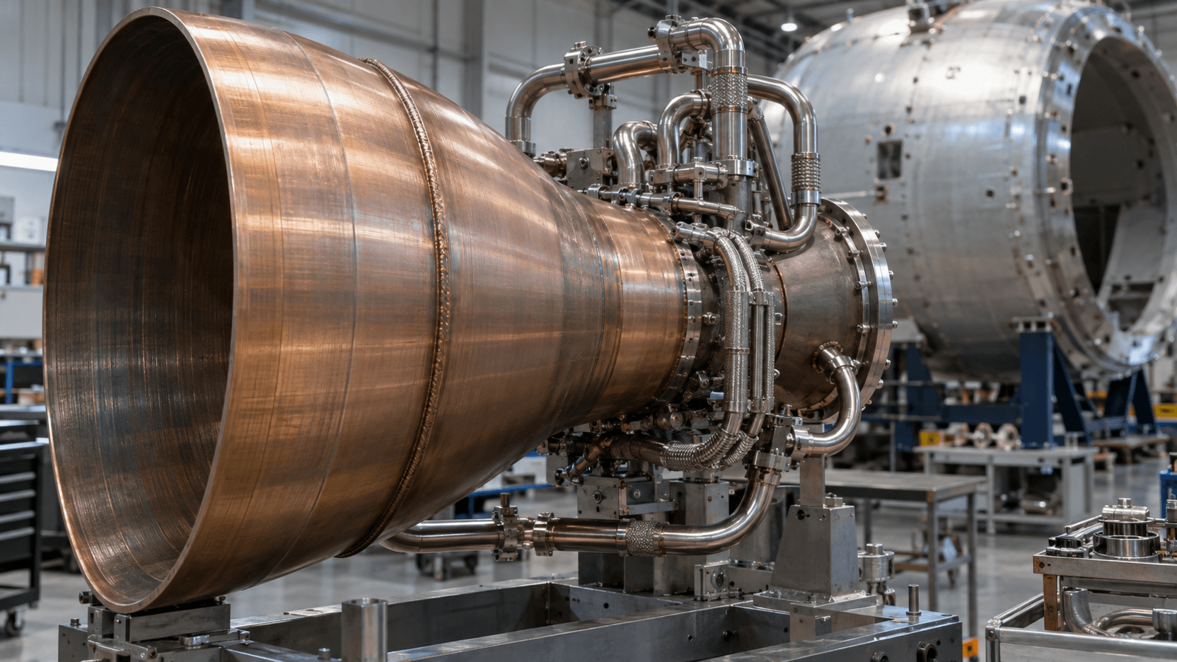Conceptual editorial photograph of unbranded propulsion hardware and a curved spacecraft shell in a fictional workshop, not The Exploration Company's equipment or facility.