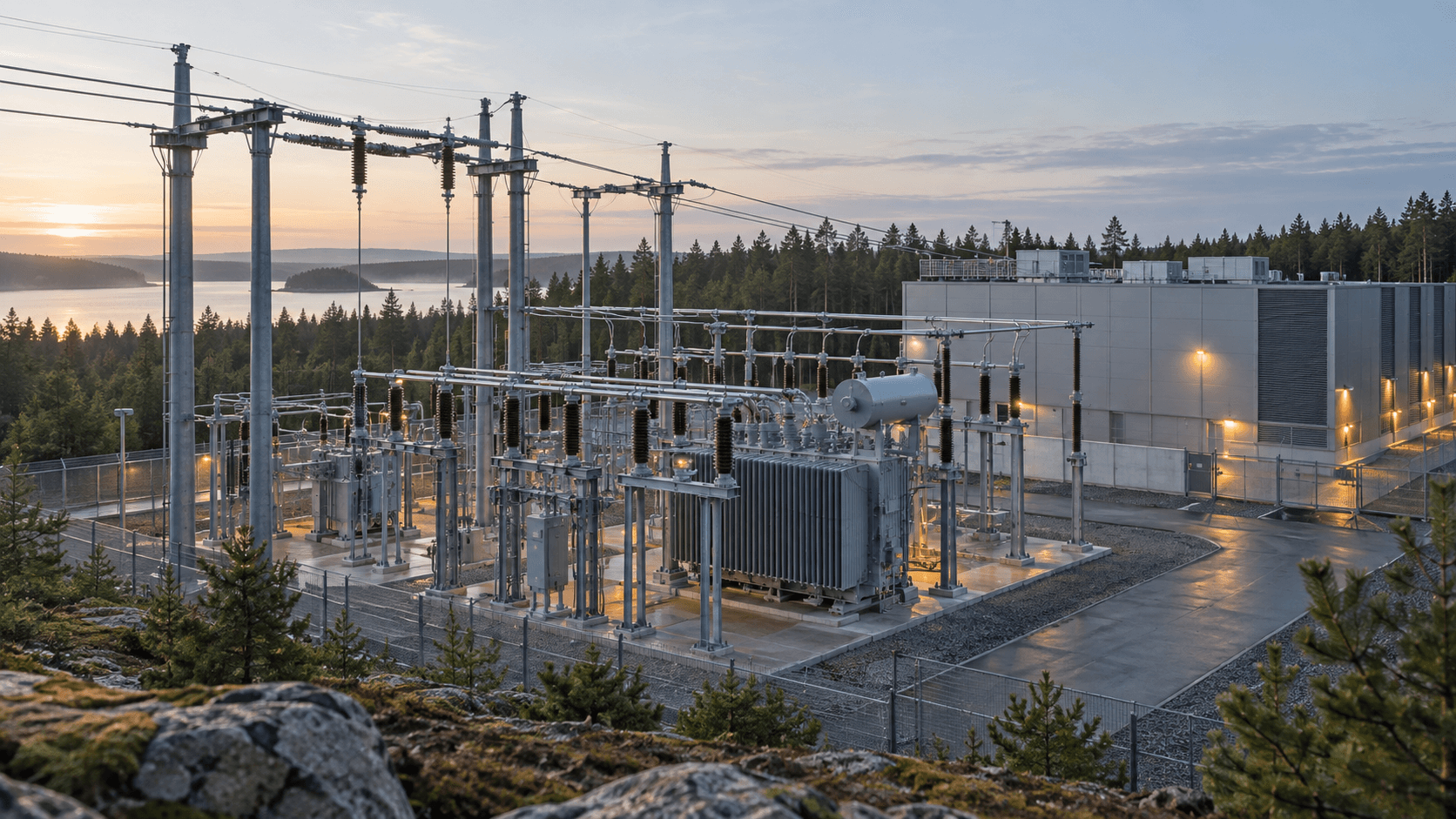 Conceptual editorial photograph of a fictional Nordic substation beside an unbranded data center, not a Google or Fortum facility.