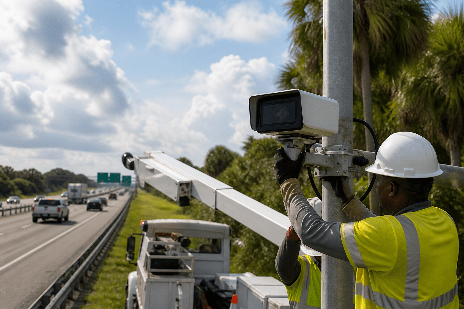 A roadside camera being removed by a utility crew beside a Florida highway
