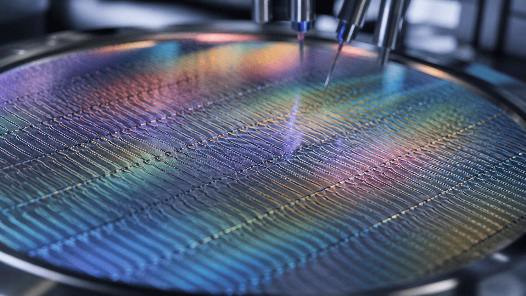 A macro view of wavy optical pixel structures fabricated across a silicon wafer