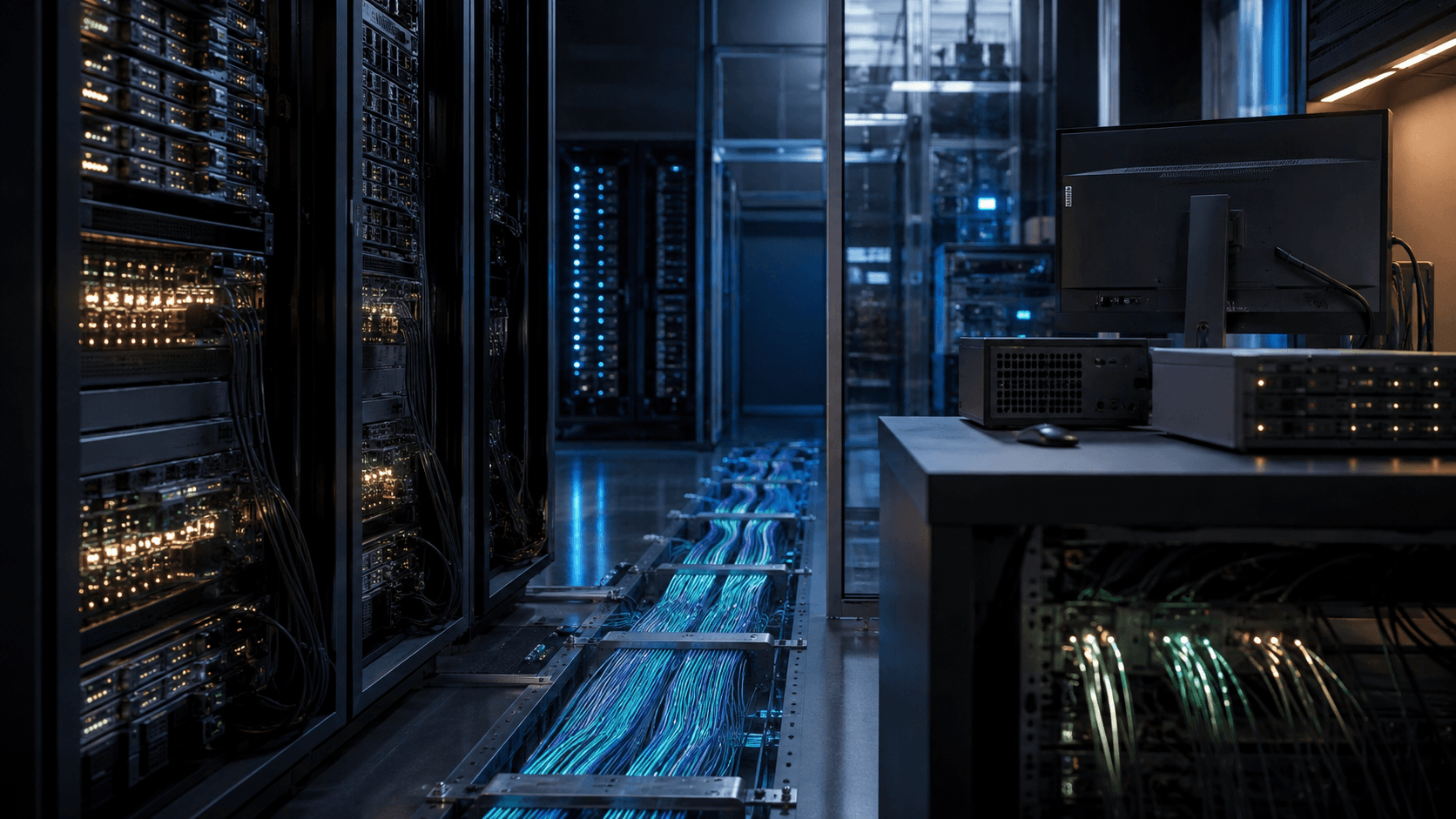 A photorealistic unbranded advanced computing laboratory with server racks, fiber pathways, and a hardened analysis workstation