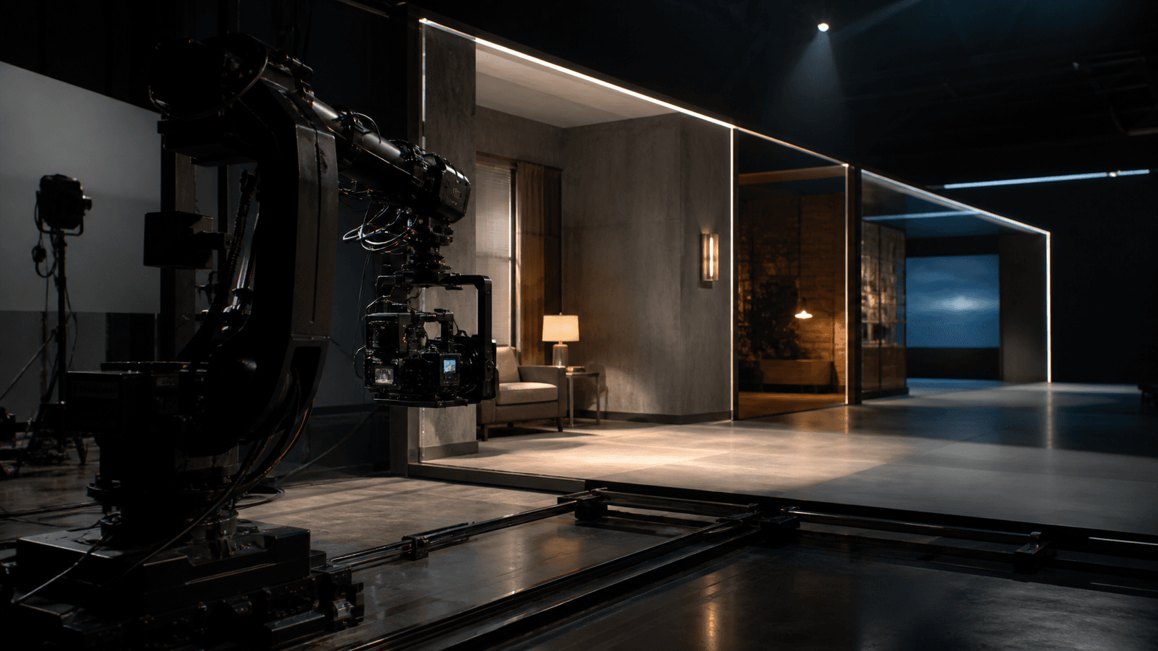 A photorealistic robotic cinema camera moving through a sequence of controlled studio sets