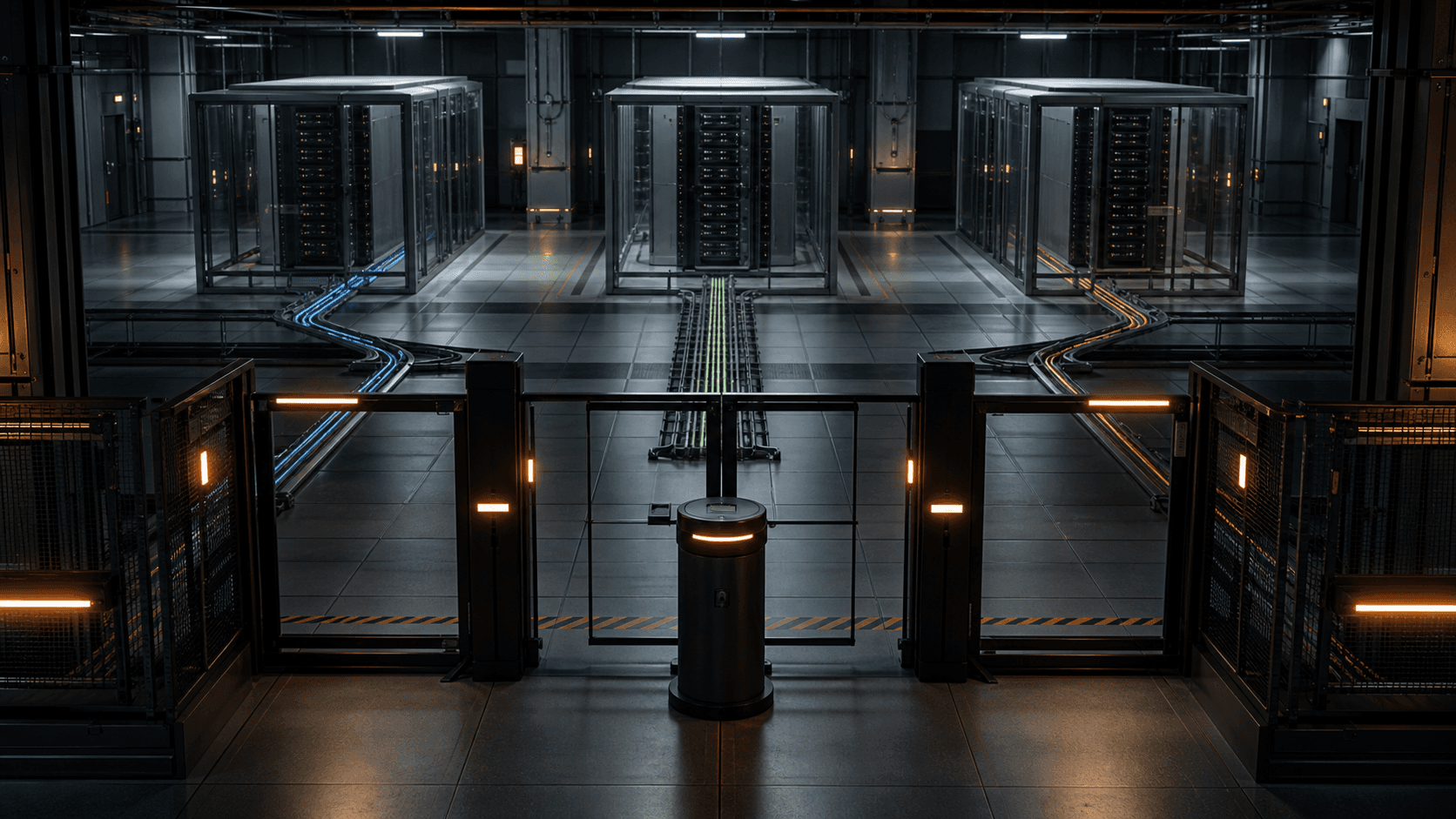 Three isolated compute systems connected through one controlled gateway inside a secure data center