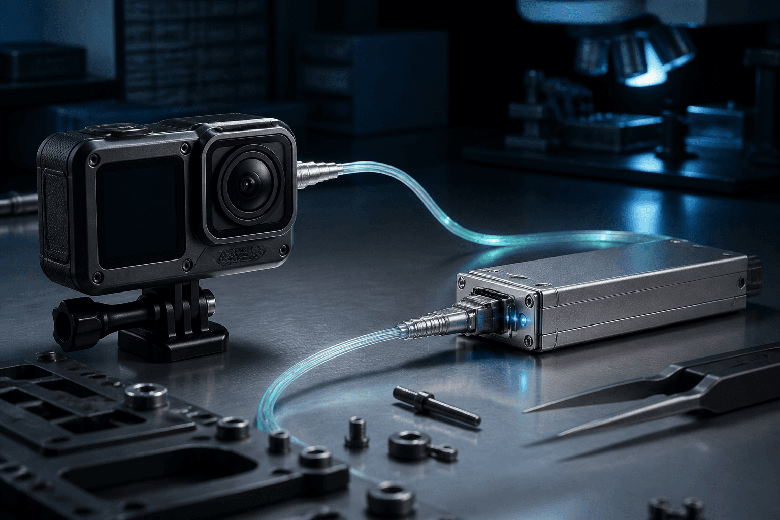 Precision optical transceiver components arranged beside an unbranded compact camera assembly
