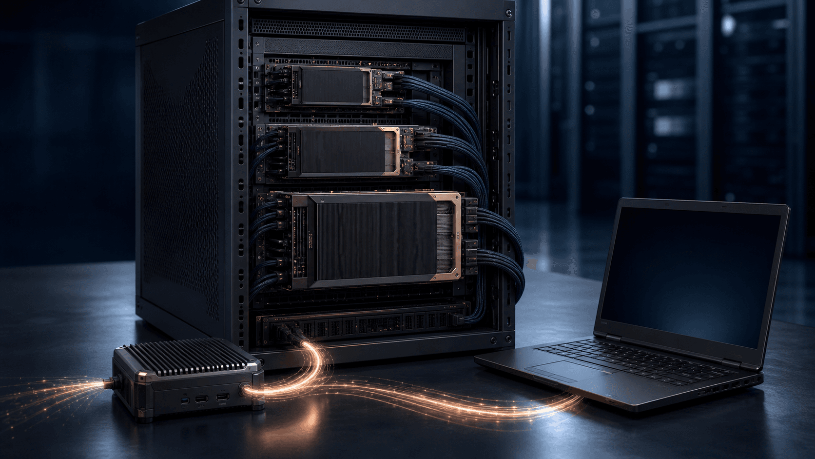 A photorealistic unbranded compute rack connected to an edge device and laptop