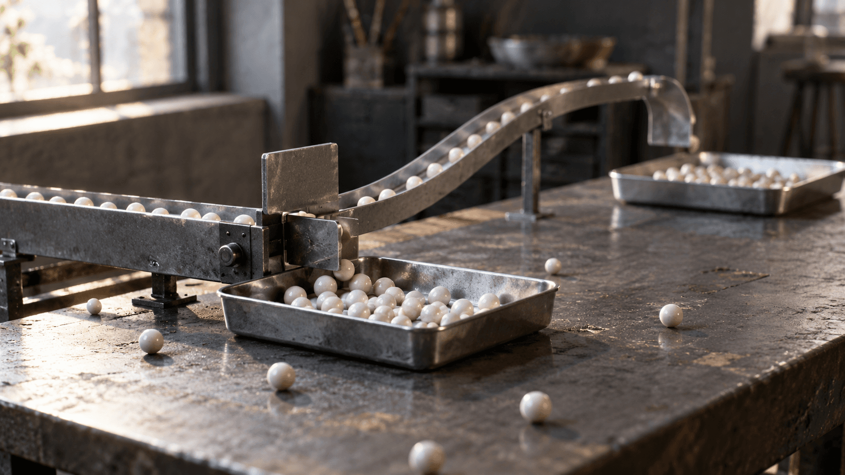 Conceptual still life of an unbranded mechanical gate routing ceramic beads into two trays, not actual AI company equipment.