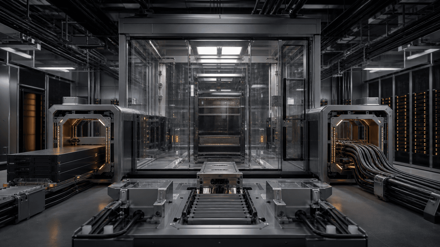 A photorealistic secure computing facility where hardware modules and cable pathways enter a controlled inspection chamber