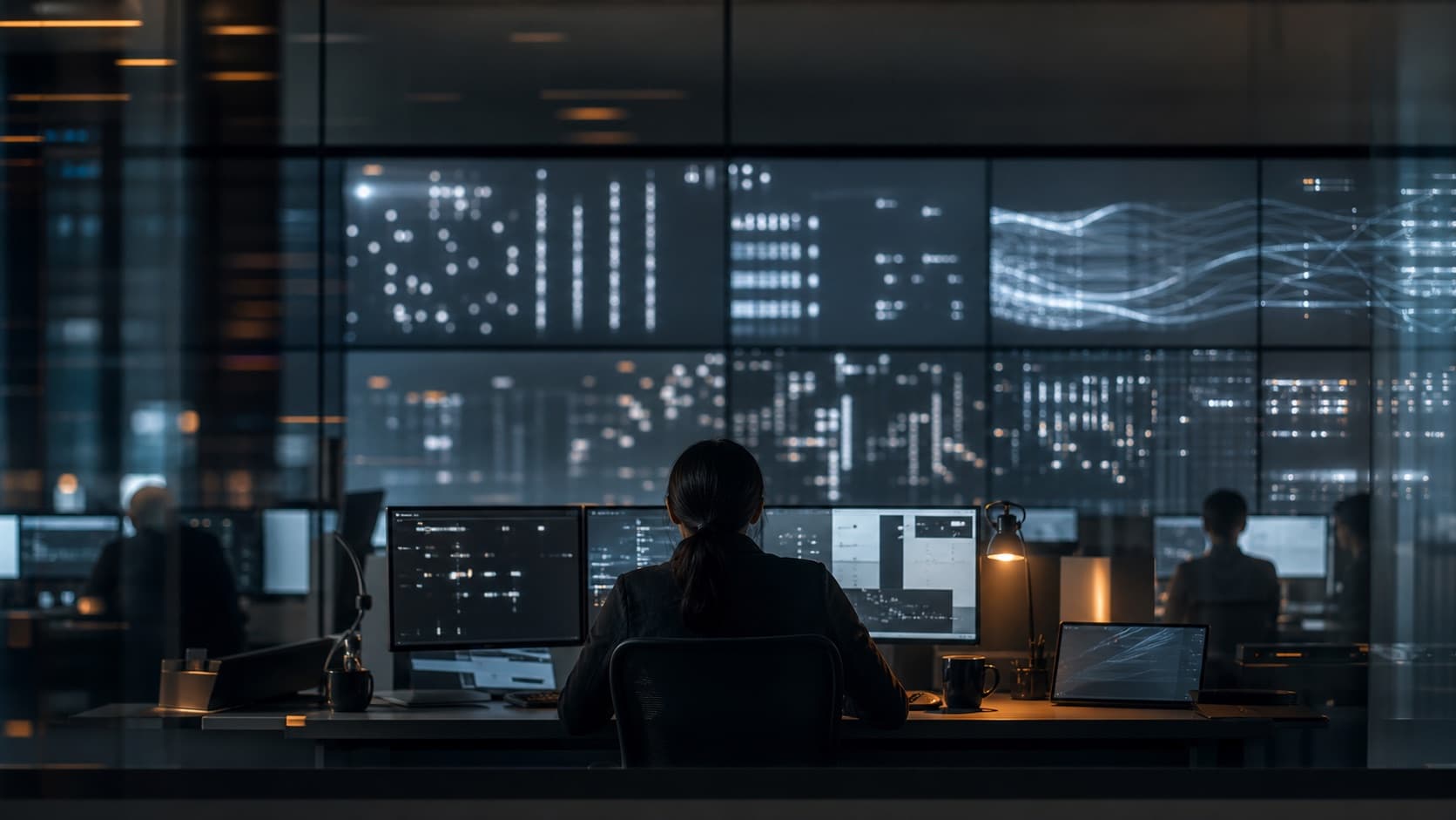 A photorealistic operations center showing abstract identity verification signals on translucent screens
